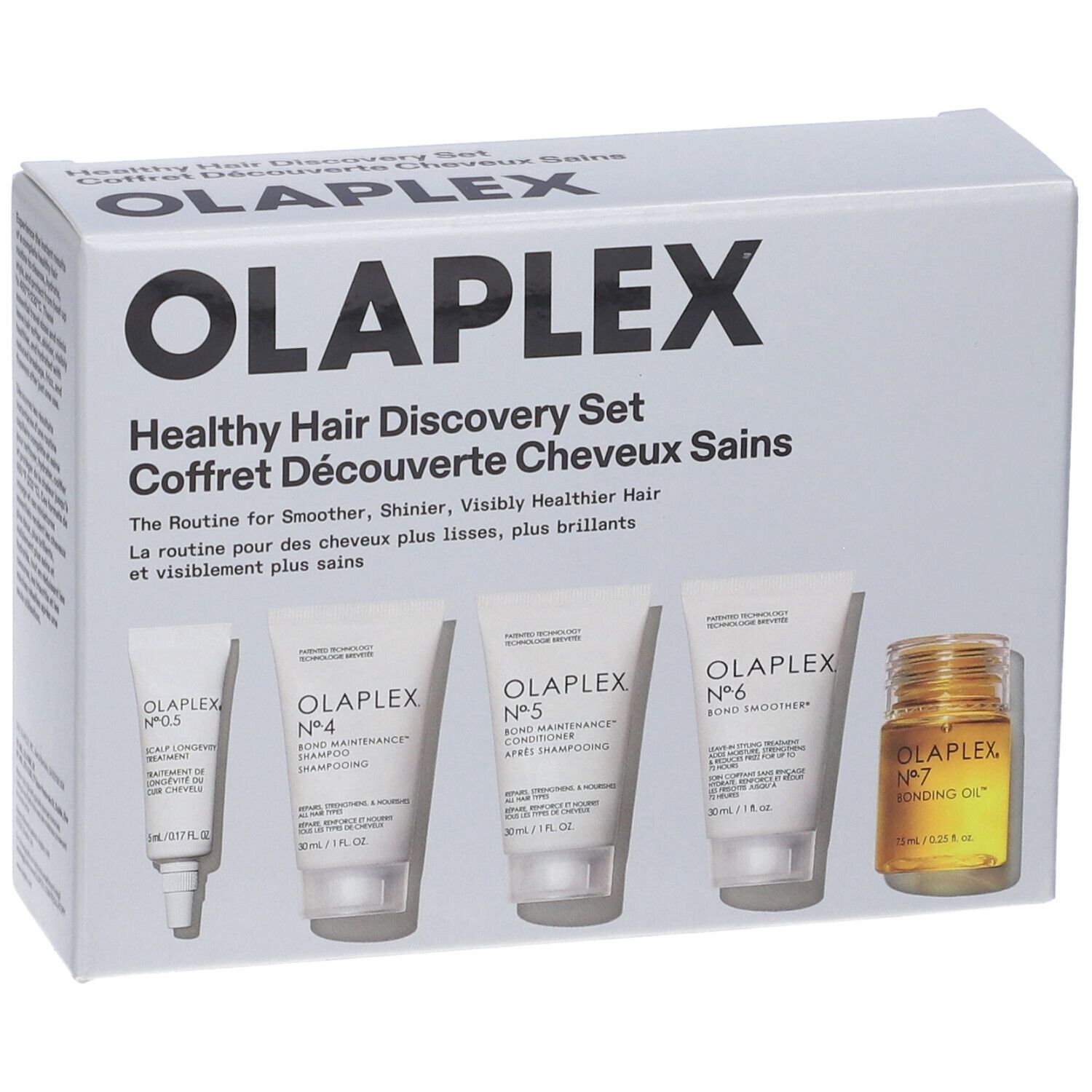 Olaplex Healthy Hair Discovery Set mit vier Tuben und einem Fläschchen.