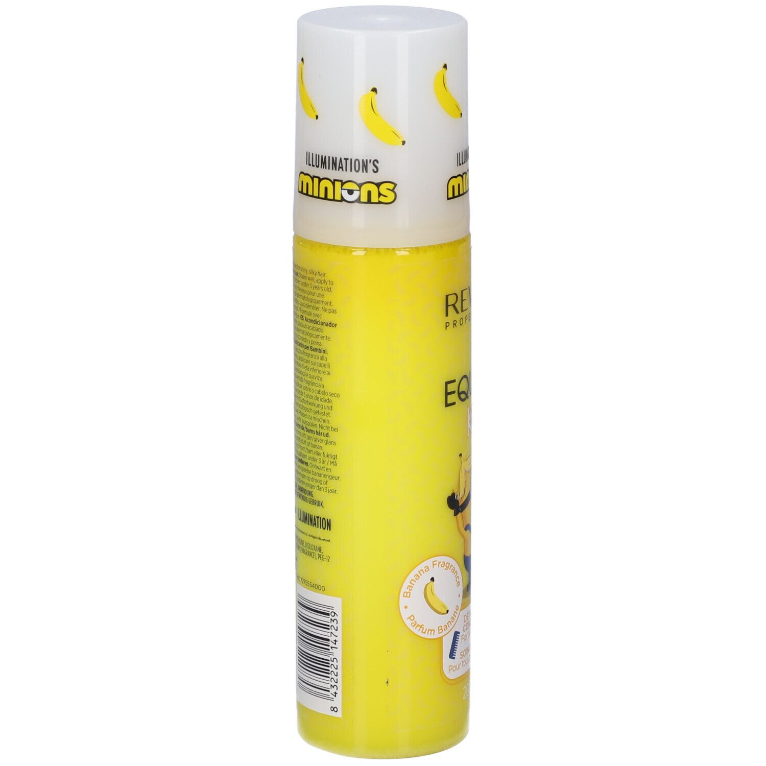 Gelbe Flasche mit Minions-Motiv und Bananen. Enthält Text und Barcode.