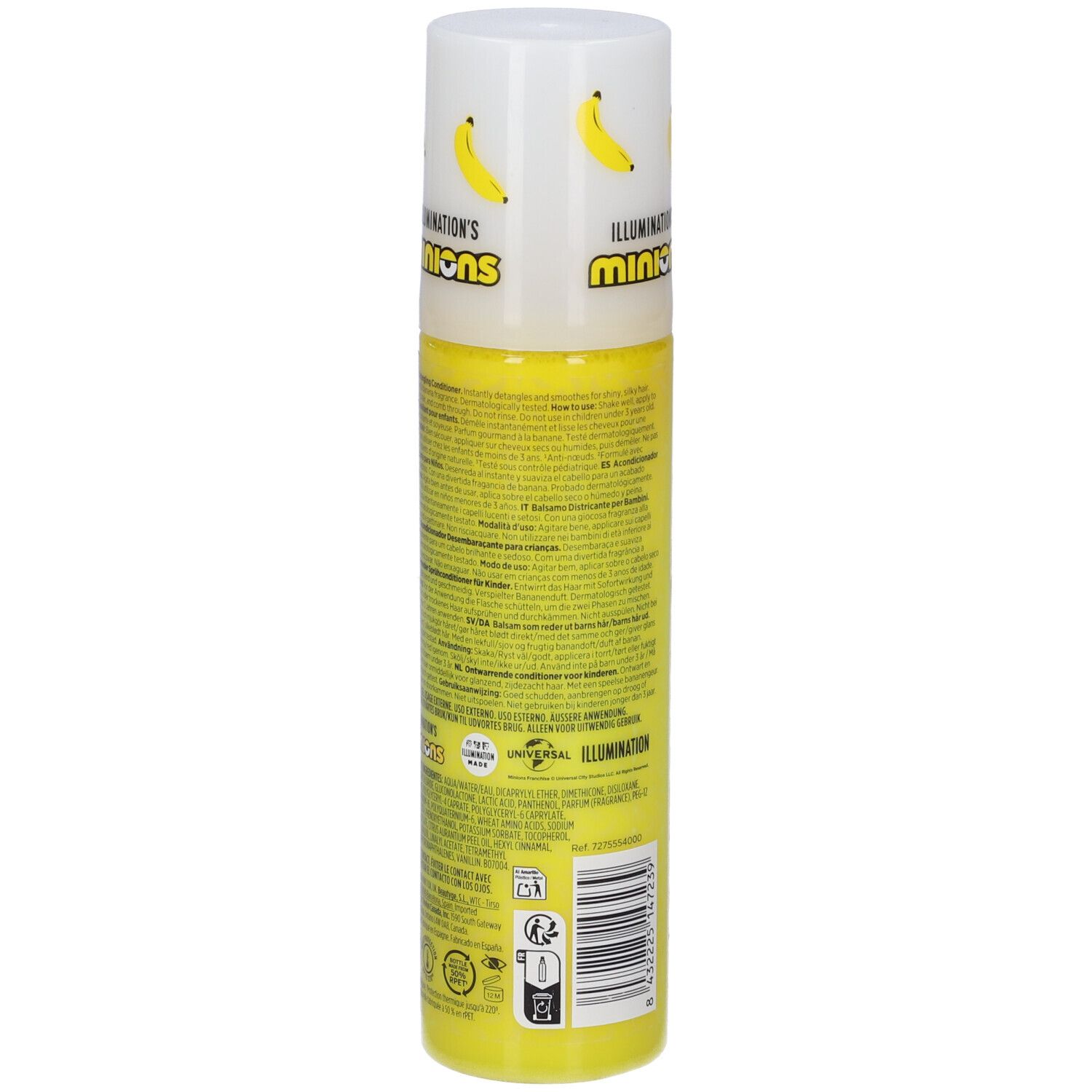 Gelbe Sprühflasche mit Minions-Motiv und Bananenabbildungen. Enthält Text und Barcode.