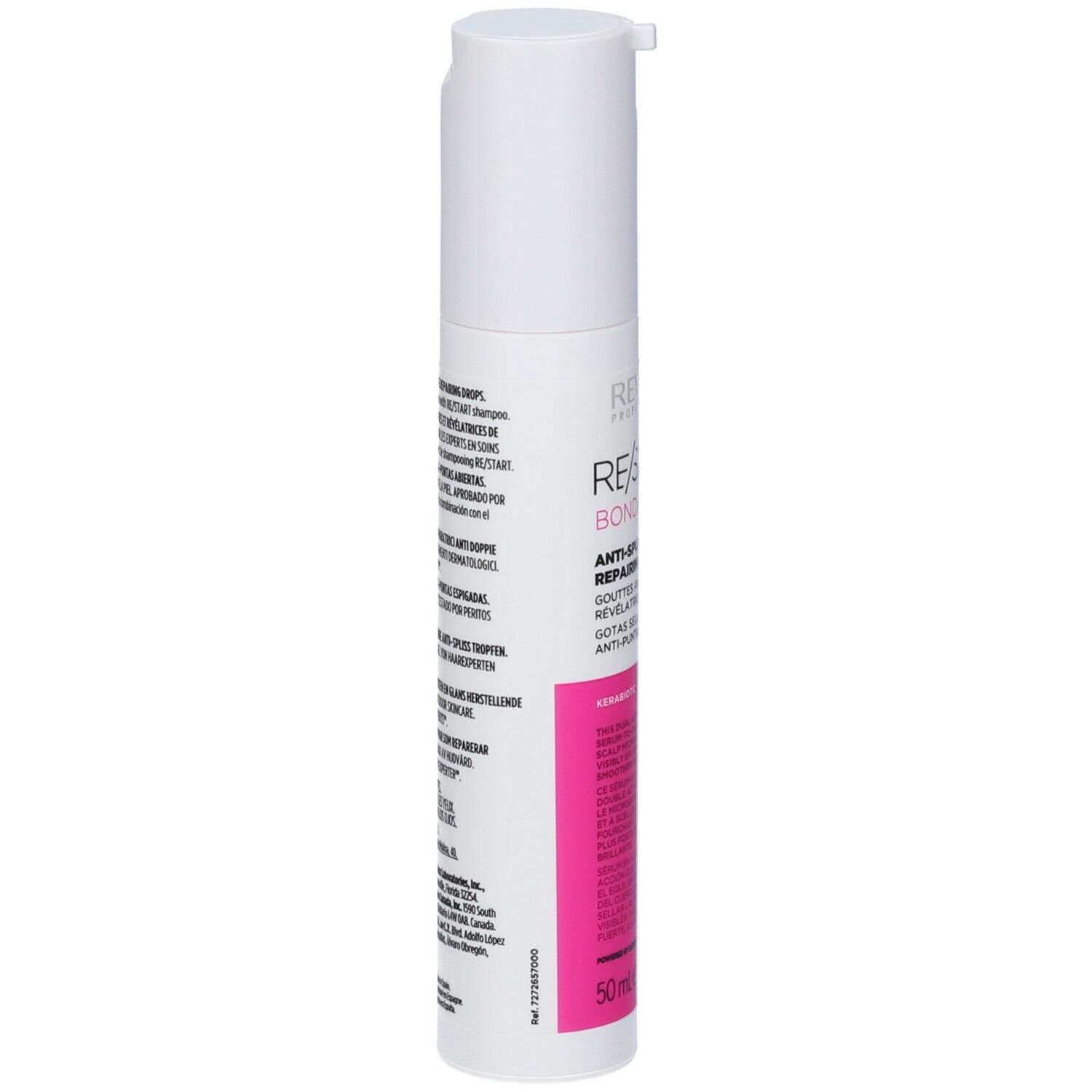 Revlon Re-Start Recovery Anti-Split Ends Sealing Drops Flakon mit Pumpspender, Rückseite mit Text.
