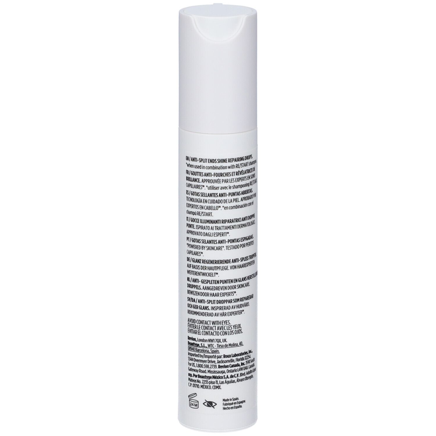 Revlon Re-Start Recovery Anti-Split Ends Sealing Drops Flakon mit Pumpspender, Rückseite mit Text.