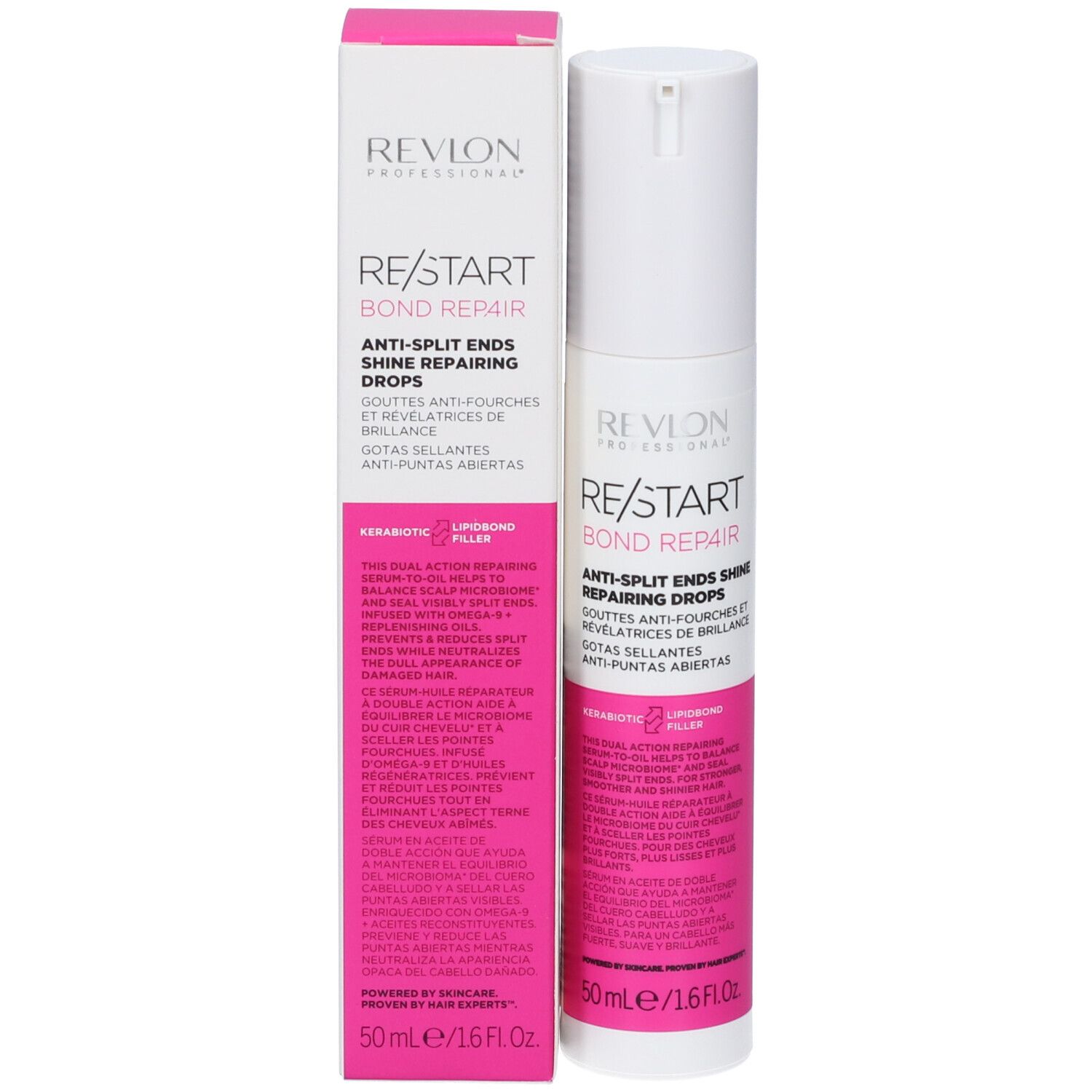 Revlon Re-Start Recovery Anti-Split Ends Sealing Drops Flakon und Kartonverpackung.