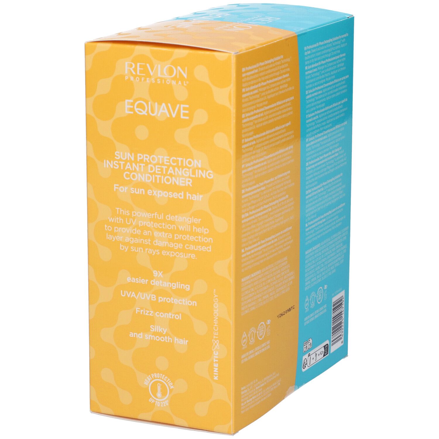 Revlon Equave Sun Protection Instant Detangling Conditioner Box. Gelbe und blaue Verpackung mit Produktinformationen.