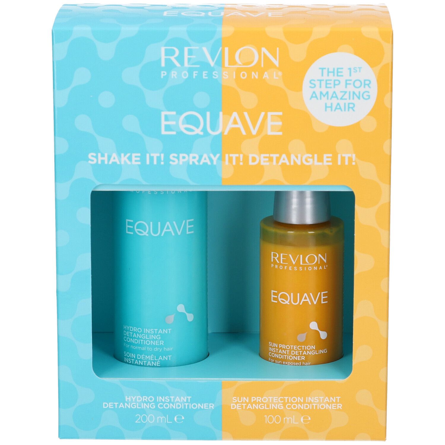 Revlon Equave Geschenkset mit zwei Sprühflaschen: Hydro Instant Detangling Conditioner (200ml) und Sun Protection Instant Detangling Conditioner (100ml).