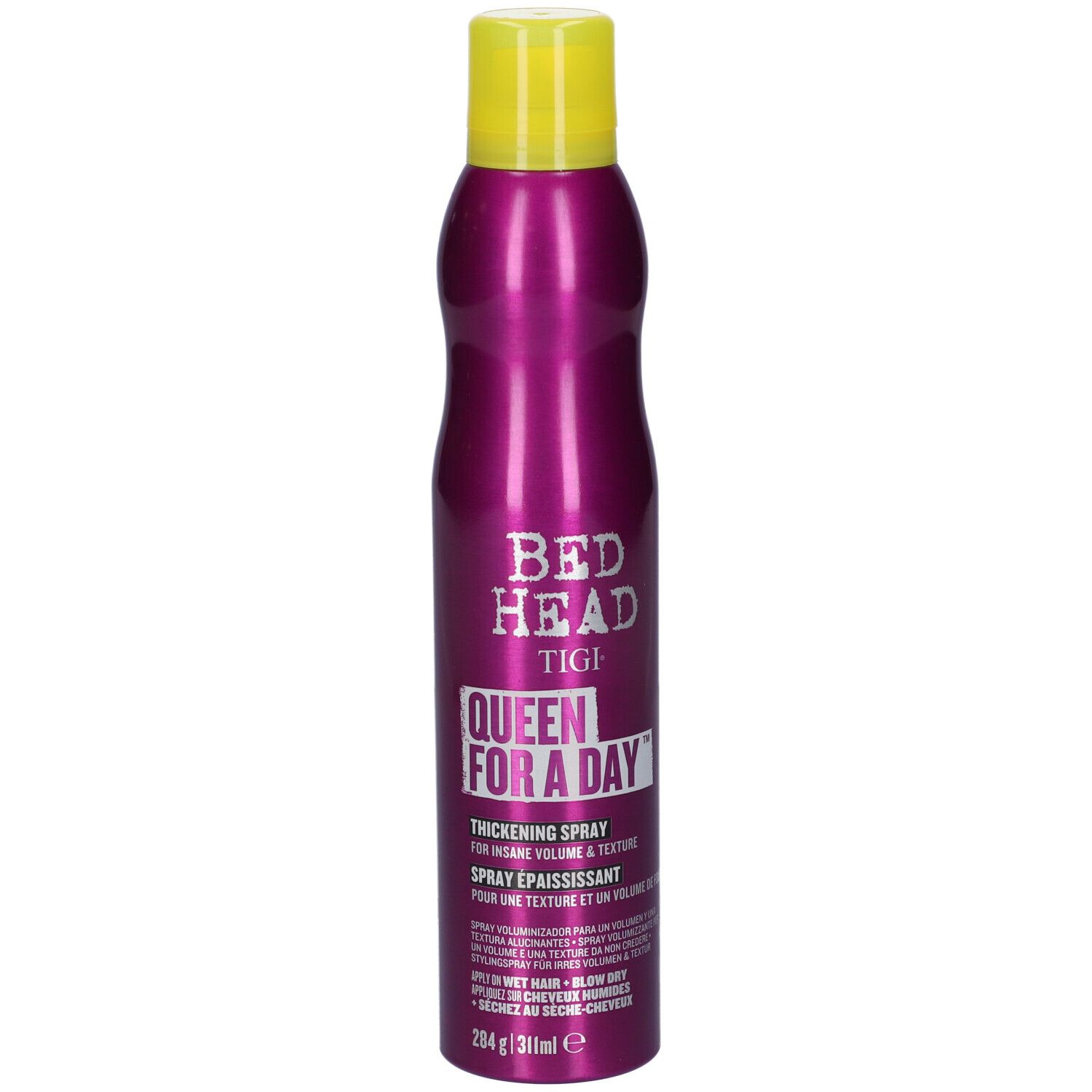 Bed Head TIGI Queen for a Day Verdichtungsspray in einer metallischen pinken Dose mit gelbem Deckel.