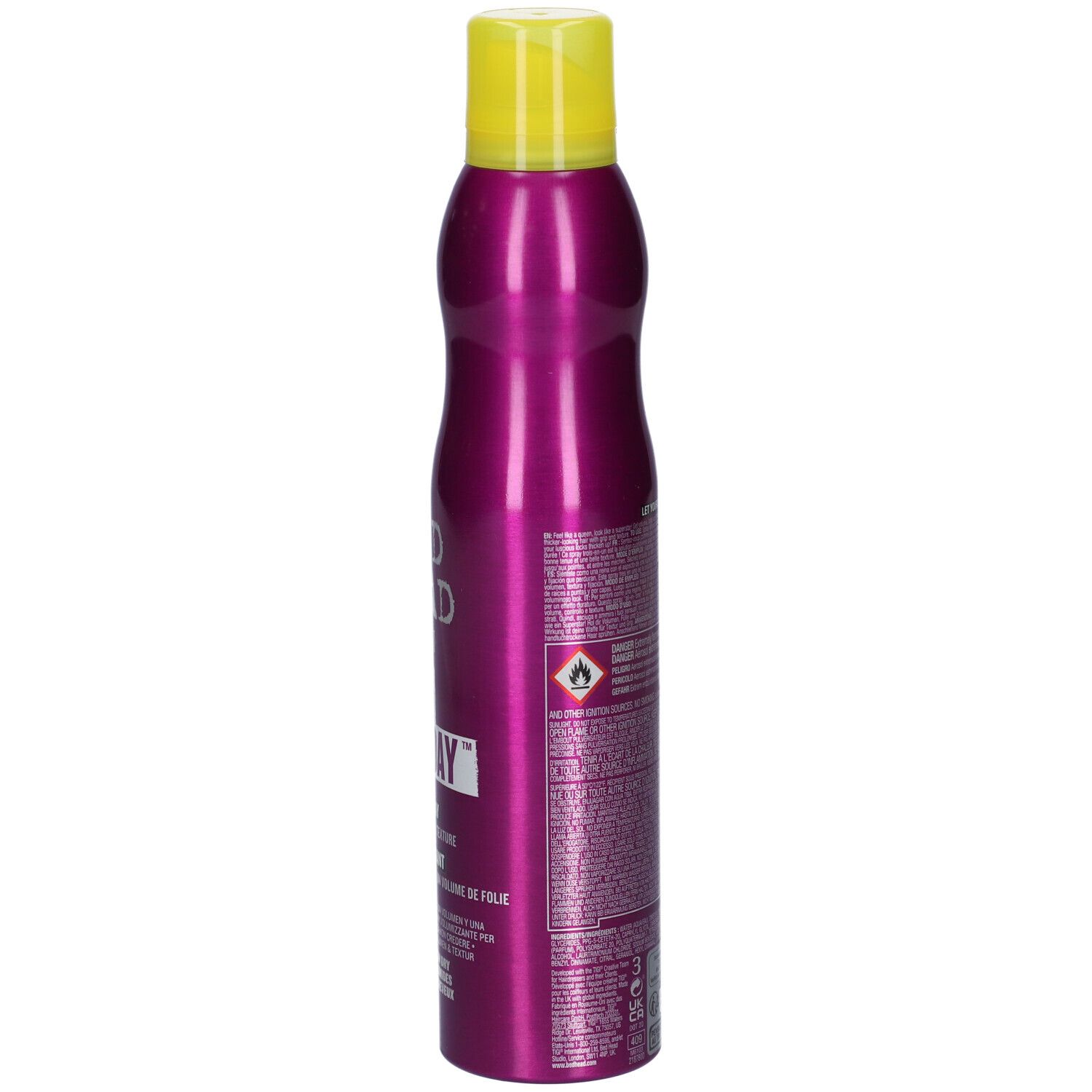 Lila Haarspray-Dose mit gelbem Deckel, 250ml.