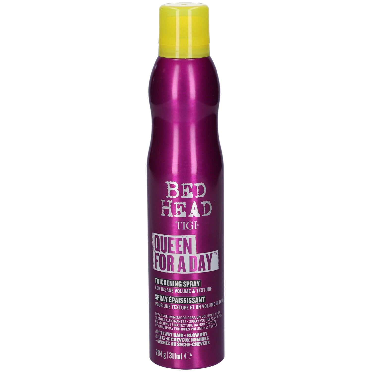 Lila Sprühflasche von Bed Head TIGI Queen For A Day mit gelbem Verschluss.