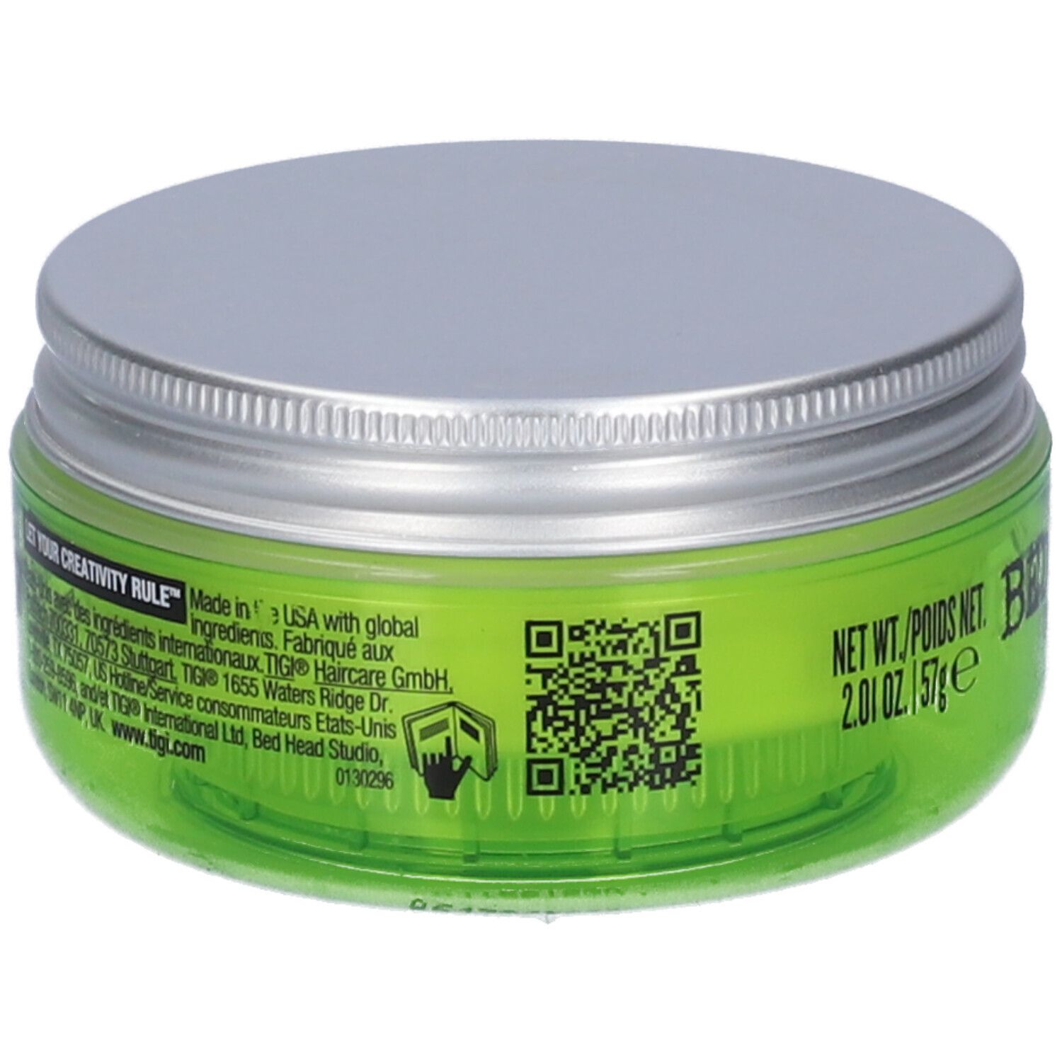 Grüner Tiegel mit silbernem Deckel, Bed Head Manipulator Matte.
