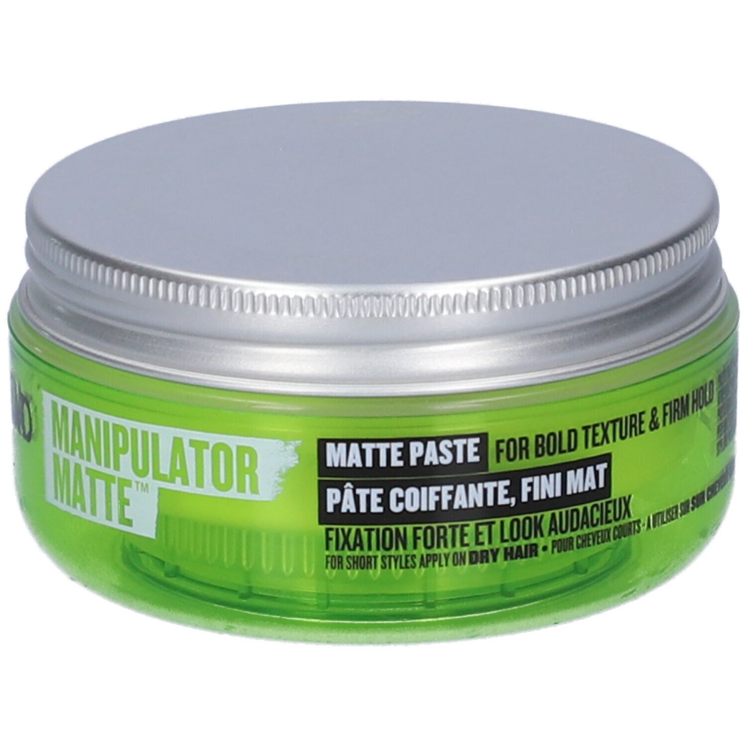 Grüne Dose mit silbernem Deckel, beschriftet mit 'Manipulator Matte'.