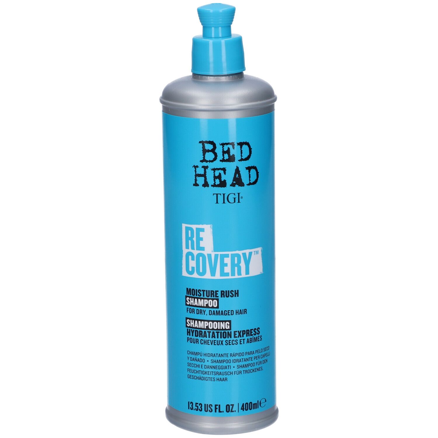 Bed Head Recovery Moisture Rush Shampoo, 400 ml. Blaue Flasche mit silbernem Hals.
