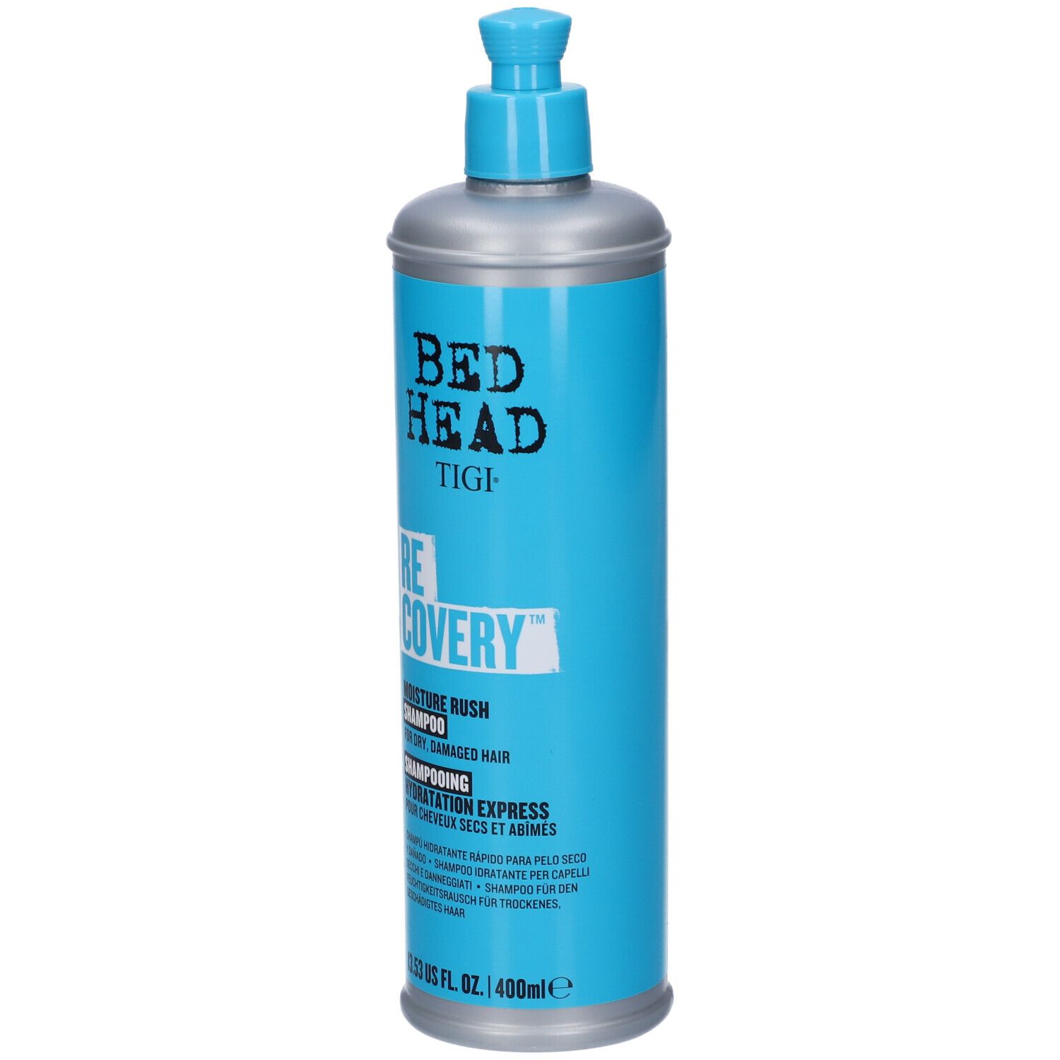Bed Head Tigi Moisture Rush Shampoo Flasche mit blauem Etikett.