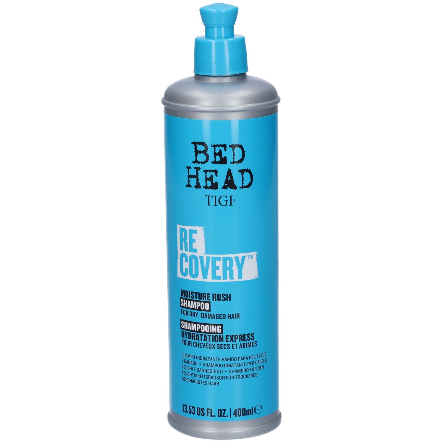 Blaue Flasche mit silbernem Sprühkopf, "Bed Head Tigi Recovery" Shampoo.
