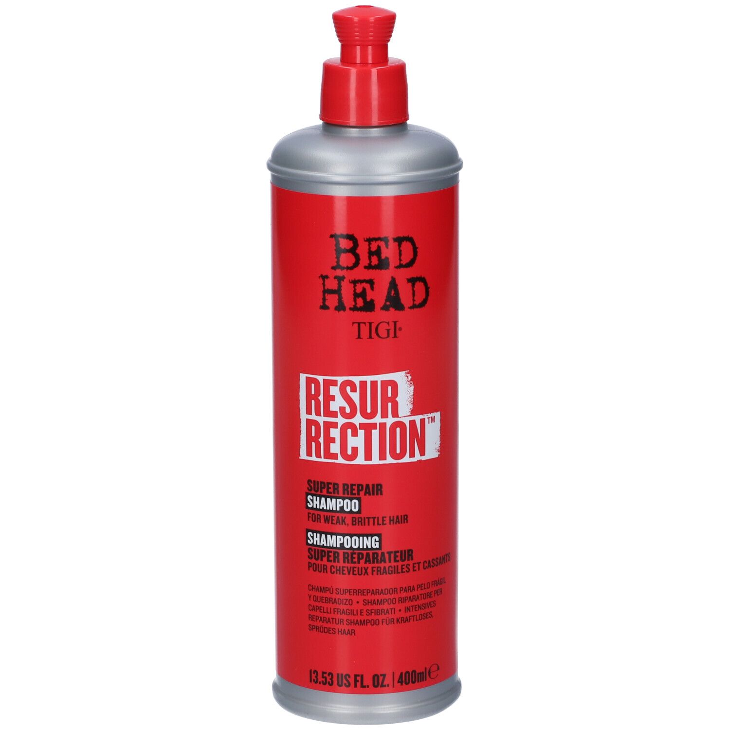 Rote Flasche mit silbernem Sprühkopf, "Bed Head Tigi Resurrection" Shampoo.