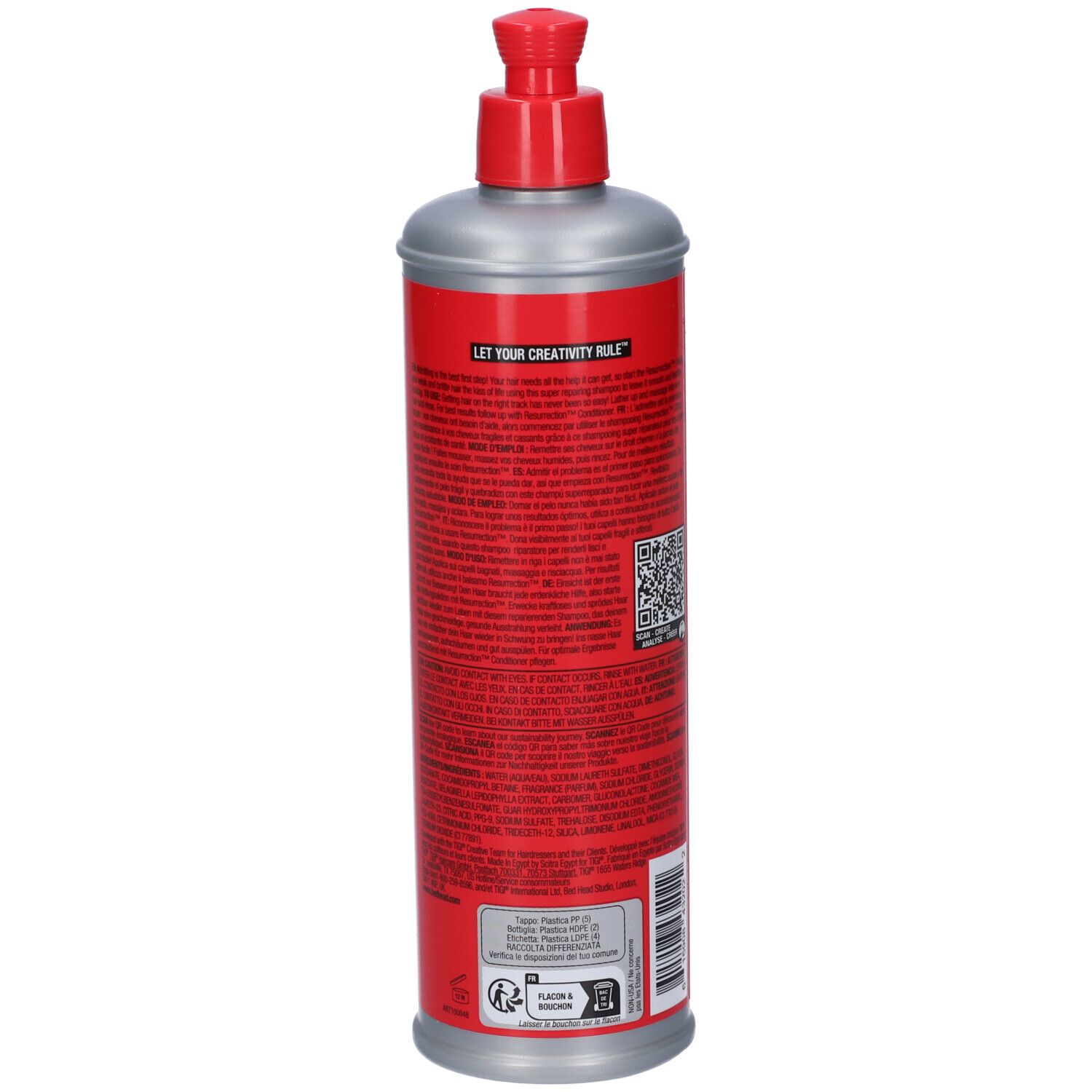 Rote Flasche mit silbernem Pumpspender und silbernem Boden.