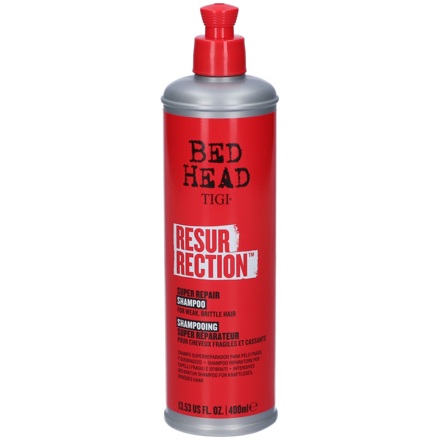 BED HEAD TIGI RESURRECTION Super Repair Shampoo, rote Flasche mit silbernem Spender.