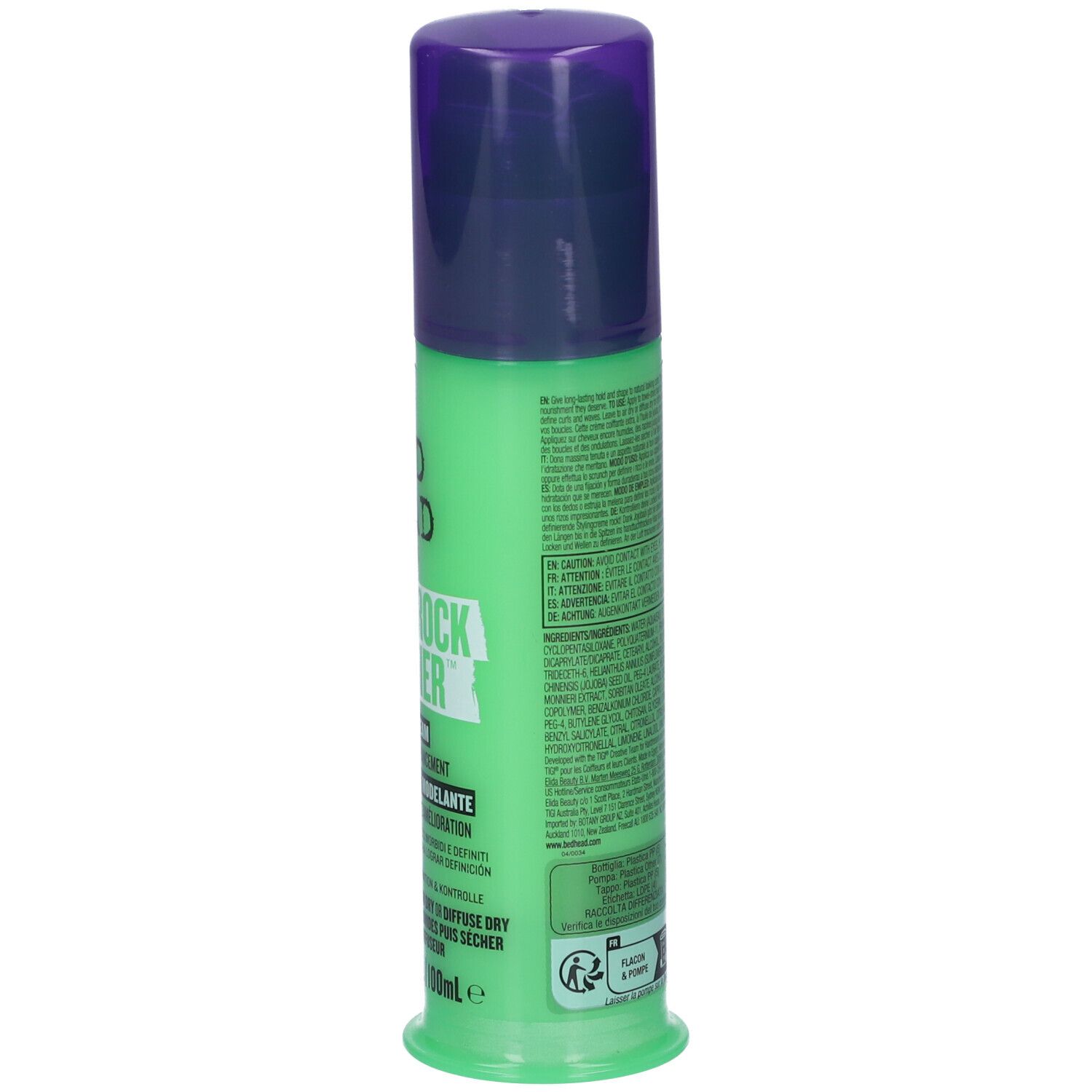 Grüne Dose mit Haarspray, lila Verschlussdeckel.