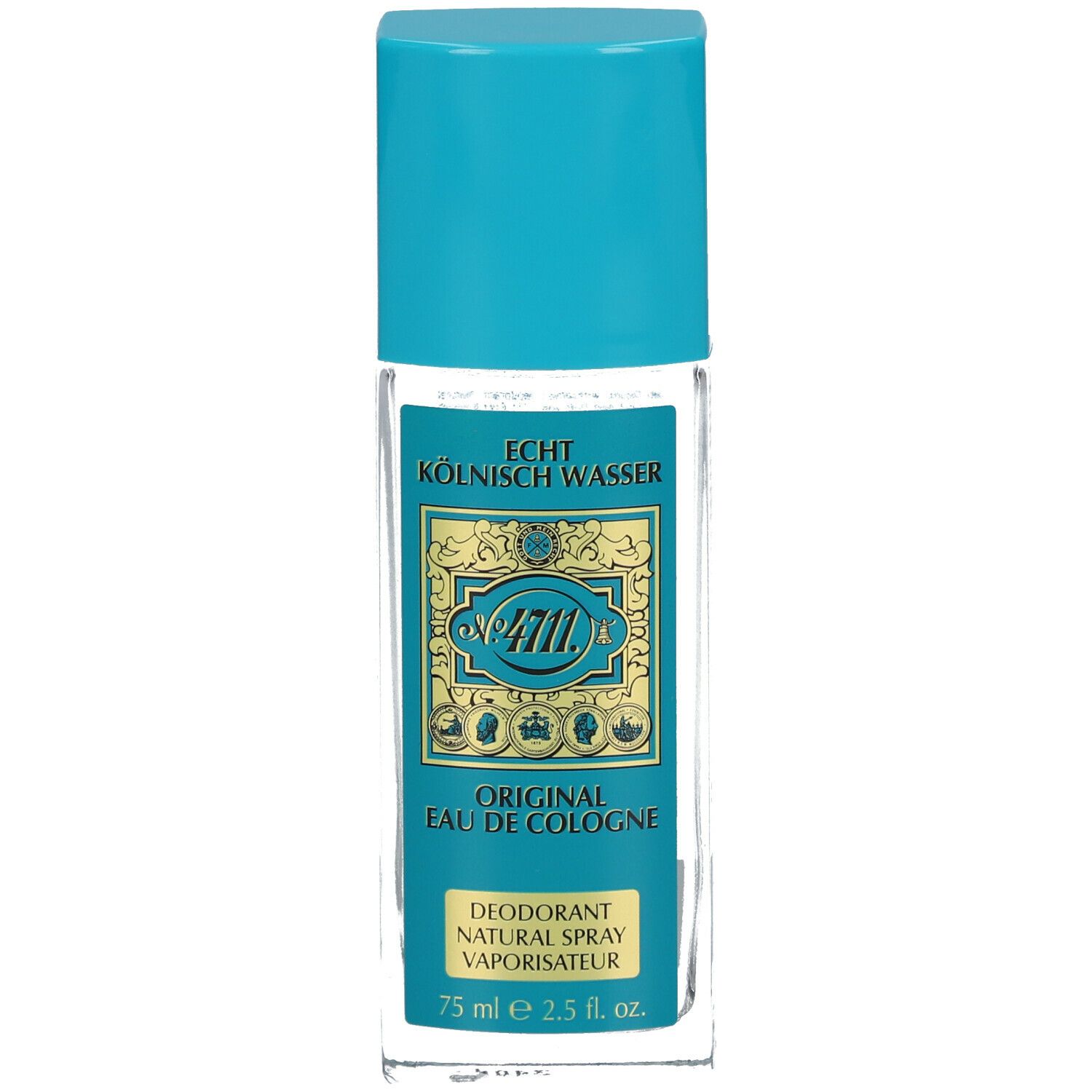 Deodorant-Sprayflasche, blau-türkis Deckel, Etikett mit Schriftzug '4711 Echt Kölnisch Wasser'.