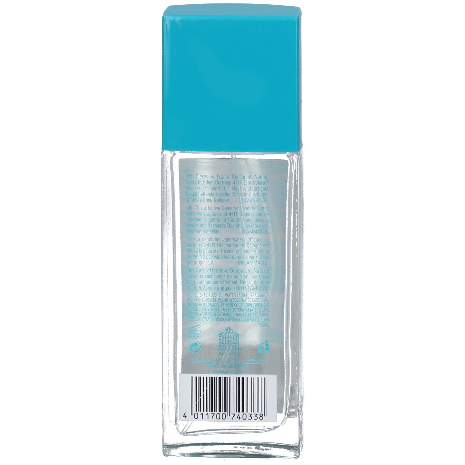 Rückansicht der Deodorant-Sprayflasche mit Barcode und Text. Türkis-blauer Deckel.