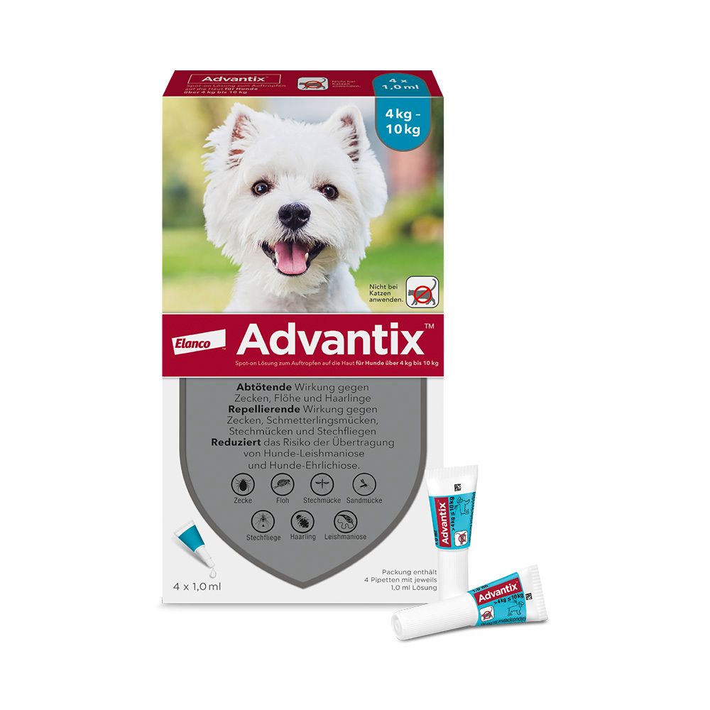 Advantix Spot-On 100 für kleine Hunde von 4 bis 10 kg Körpergewicht gegen Zecken, Flöhe und fliegende Insekten, zu Wochen Wirksamkeit Lösung St
