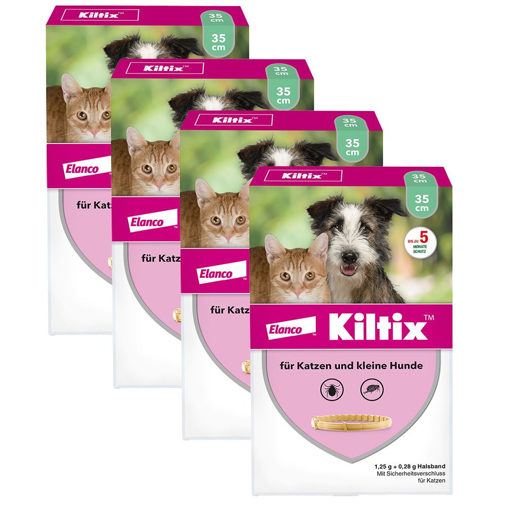 Kiltix Halsband für Katzen und kleine Hunde gegen Zecken Flöhe, bis zu 5 Monate Wirkung, Länge ca. 35 cm 4x1 St