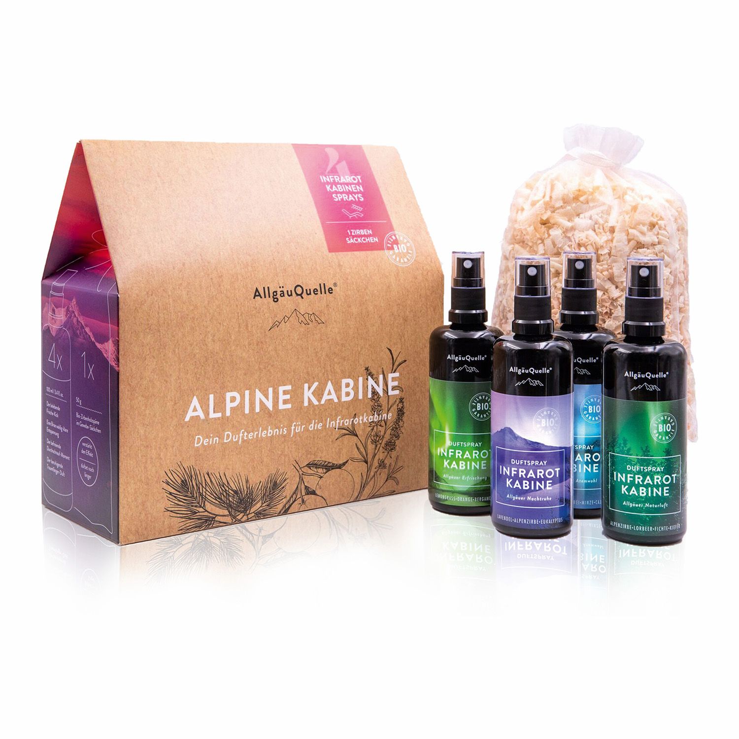AllgäuQuelle Bio Infrarotkabinen-Spray-Set mit 100% Bio-Raumduft 4 Düfte inkl. Bio-Zirben-Säckchen Flaschen 400 ml