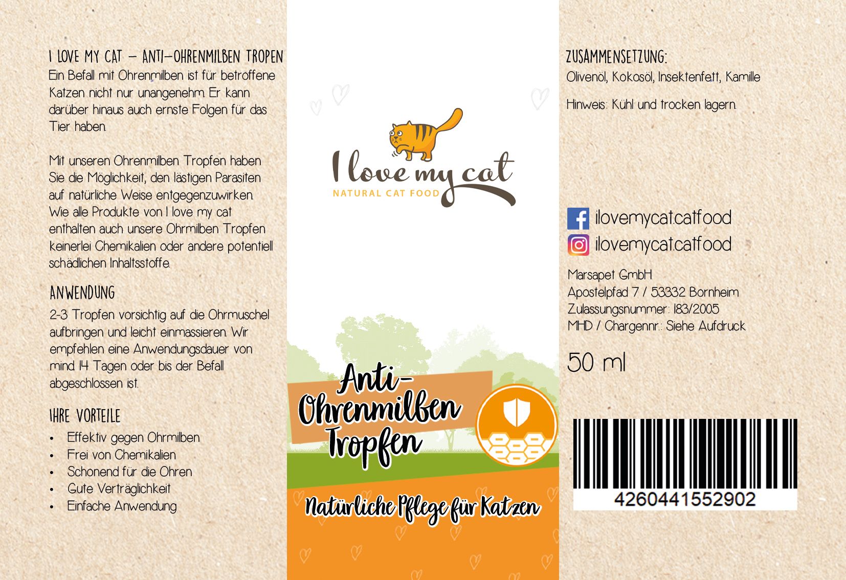 I love my cat Hochwertige Pflegeprodukt für Katzen - Anti-Ohrenmilben Tropfen Ohrentropfen 50 ml