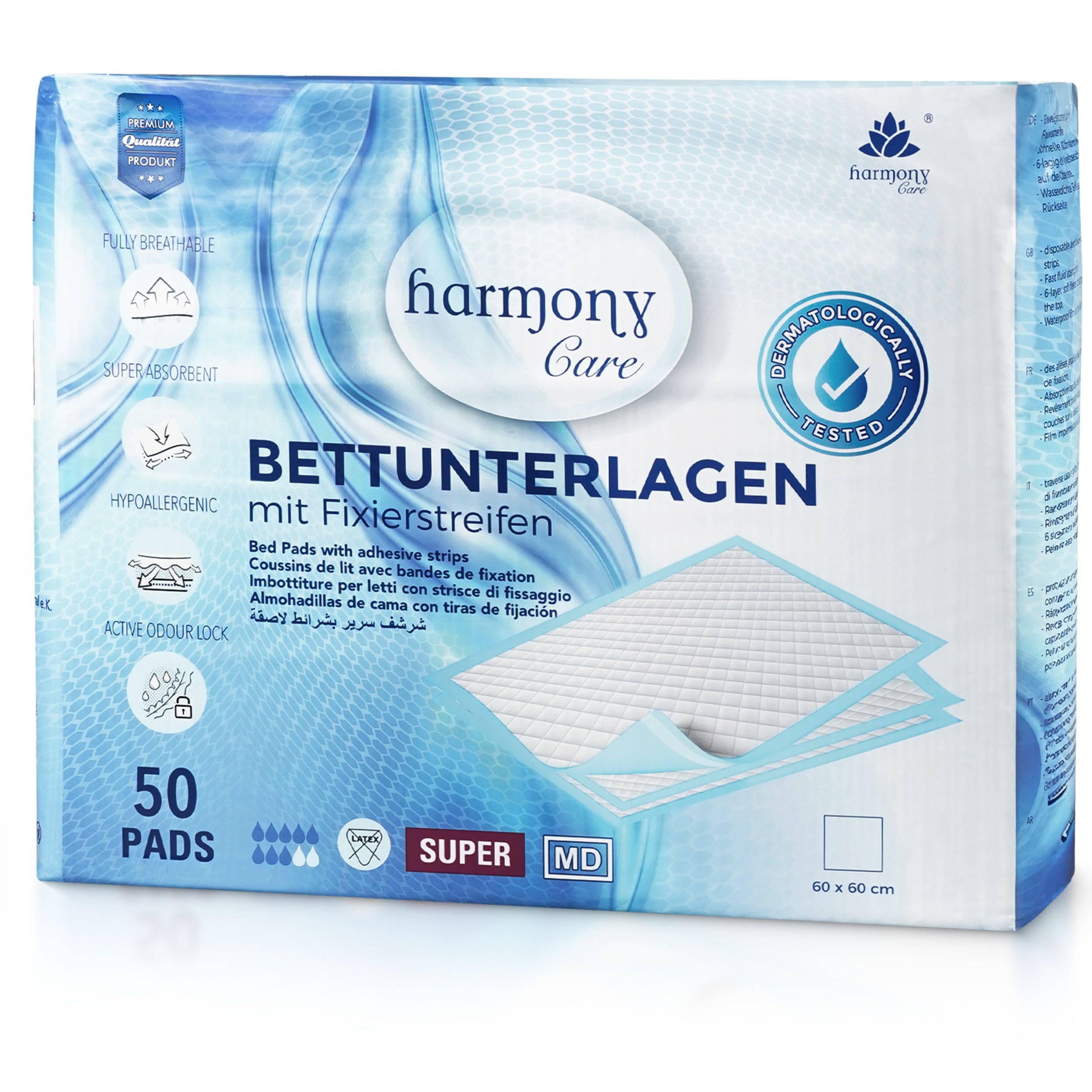 Harmony Care® Inkontinenz Bettunterlage mit Fixierstreifen - 60x60cm 100 St