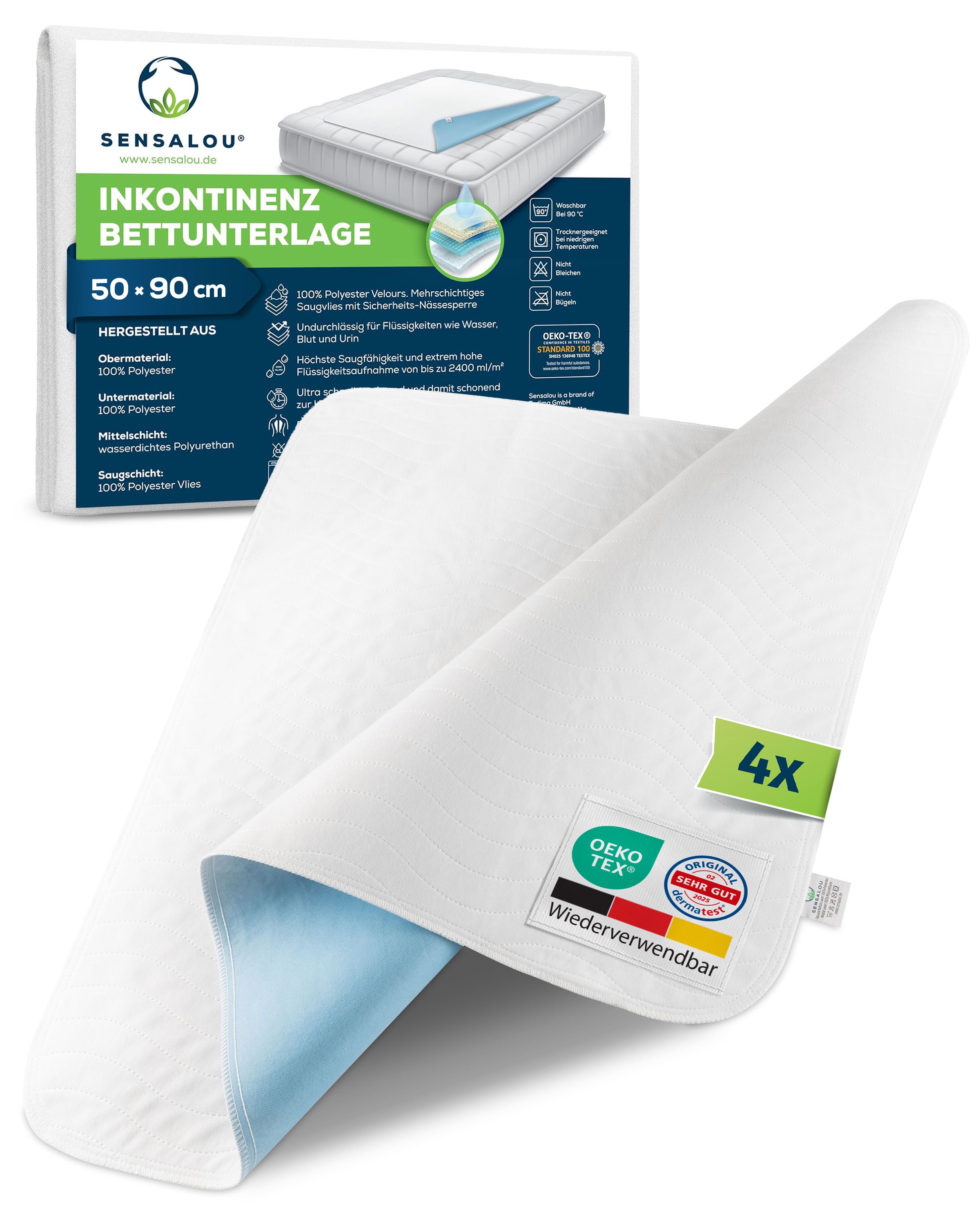 Sensalou Inkontinenz Unterlage 50x90 cm Krankenbett Auflagen 4er Set wasserdichte&waschbar 4 St