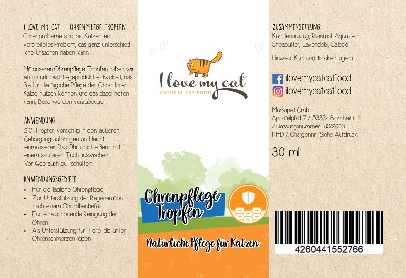 I love my cat Hochwertige Pflegeprodukt für Katzen - Ohrenpflege Tropfen Ohrentropfen 30 ml