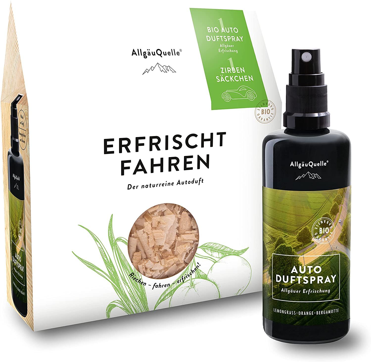 AllgäuQuelle Bio Autoduft-Set Lufterfrischer Lemongrass mit Zirben-Säckchen als natürlichem Duftbaum Spray 100 ml
