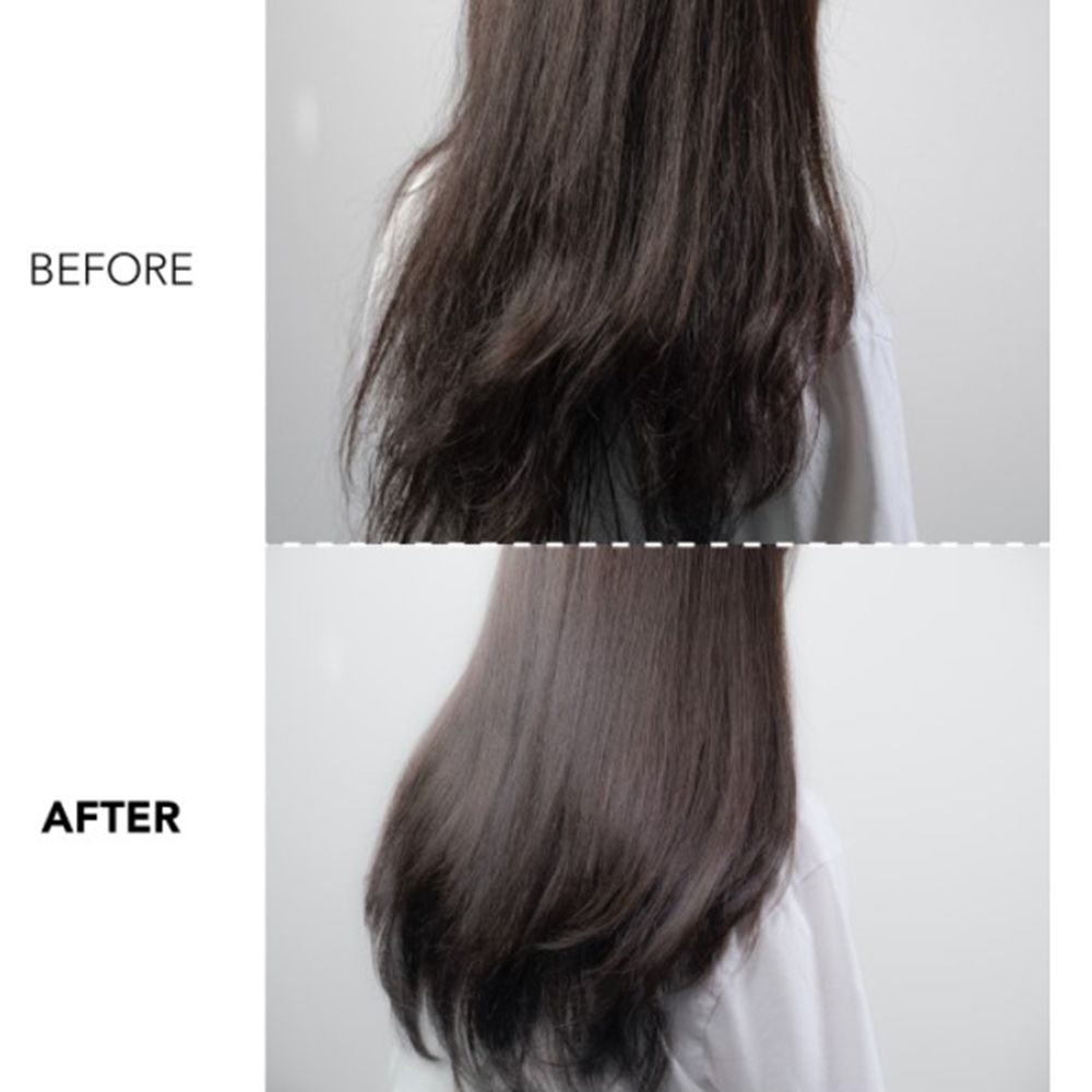 Zwei Bilder: Oben: Haare vor der Behandlung. Unten: Haare nach der Behandlung. Text: BEFORE, AFTER.