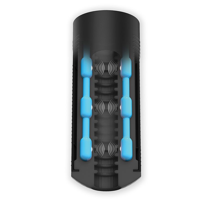 Schnittansicht des Titan Technologischer Masturbator mit blauen Elementen.