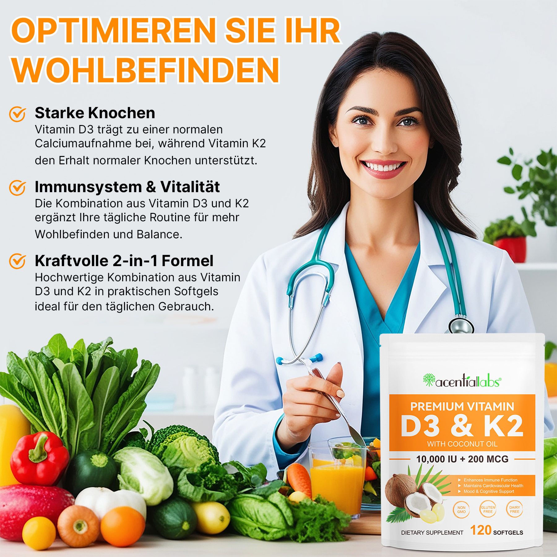 Ärztin mit Acentiallabs Vitamin D3 + K2 Softgels und frischem Gemüse. Unterstützt Wohlbefinden.
