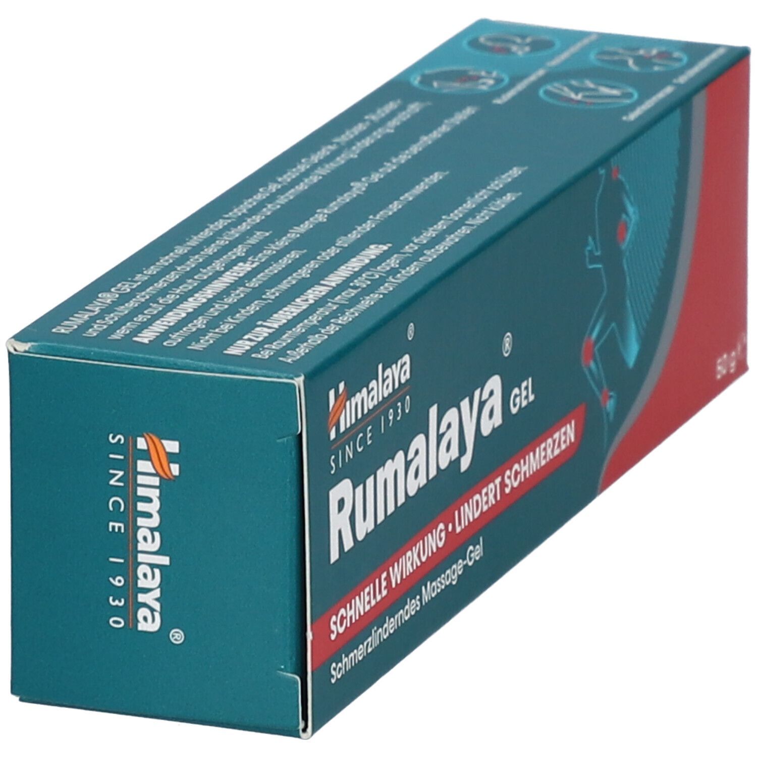 Himalaya Rumalaya Gel Schachtel, 60g. Grüne Verpackung mit Text und Abbildungen von Gelenken.