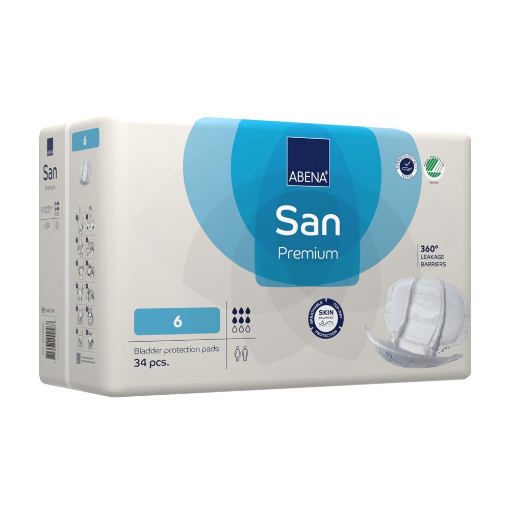 Verpackung von ABENA San Premium Vorlagen. Produktname, Logo und Qualitätszeichen sind deutlich sichtbar.