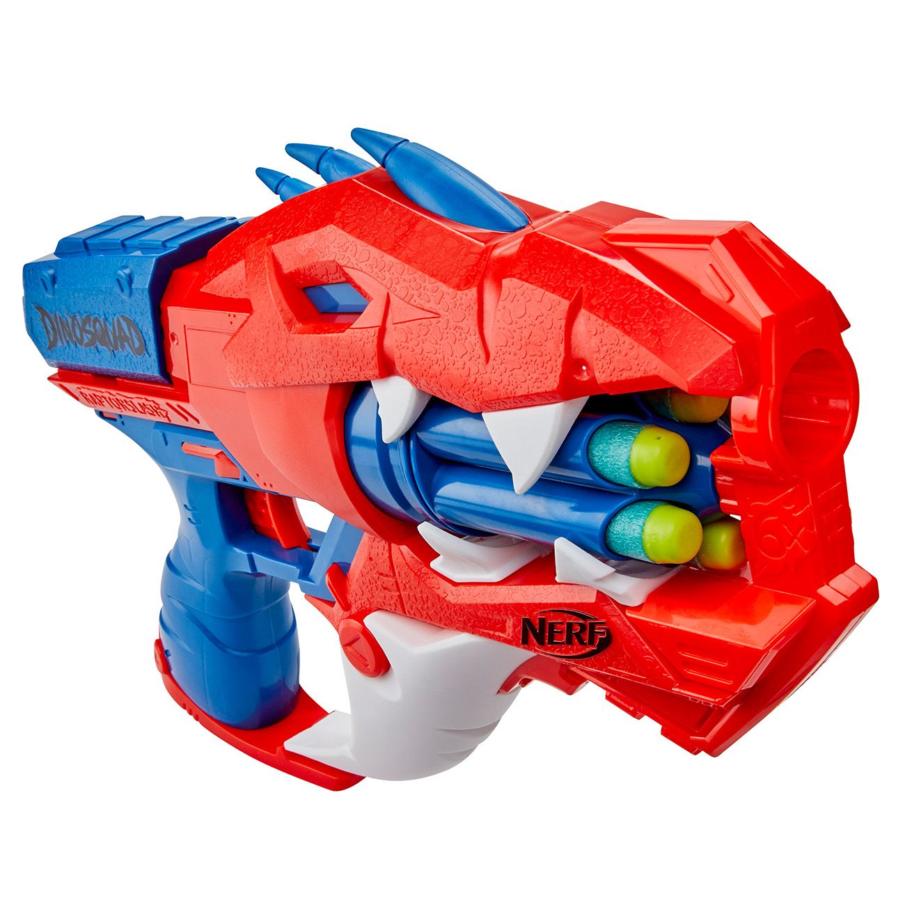 Roter und blauer Spielzeugblaster im Dinosaurier-Design mit vier sichtbaren Darts.