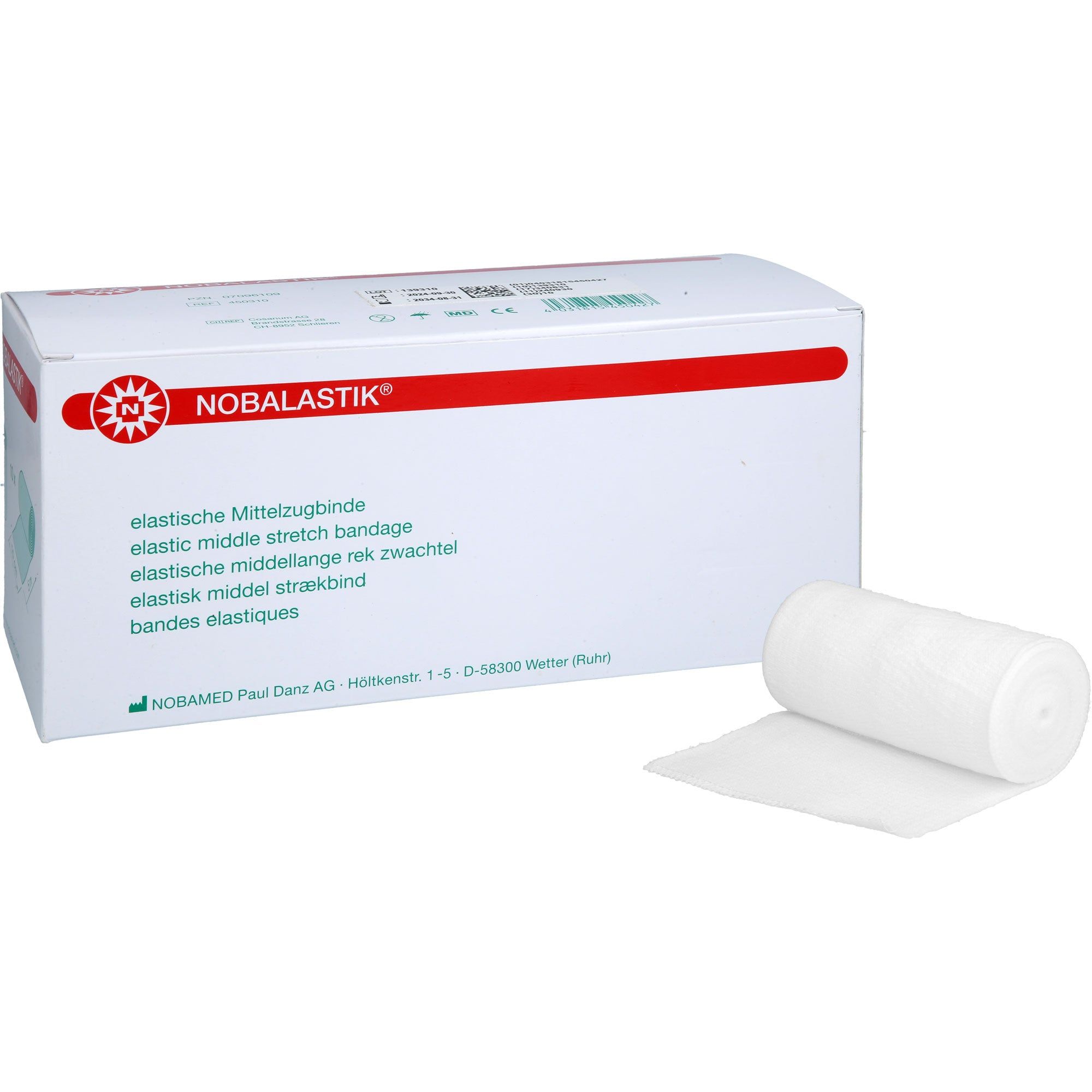 Weiße Verbandrolle und Verpackung. Aufschrift: NOBALASTIK, elastische Mittelzugbinde.
