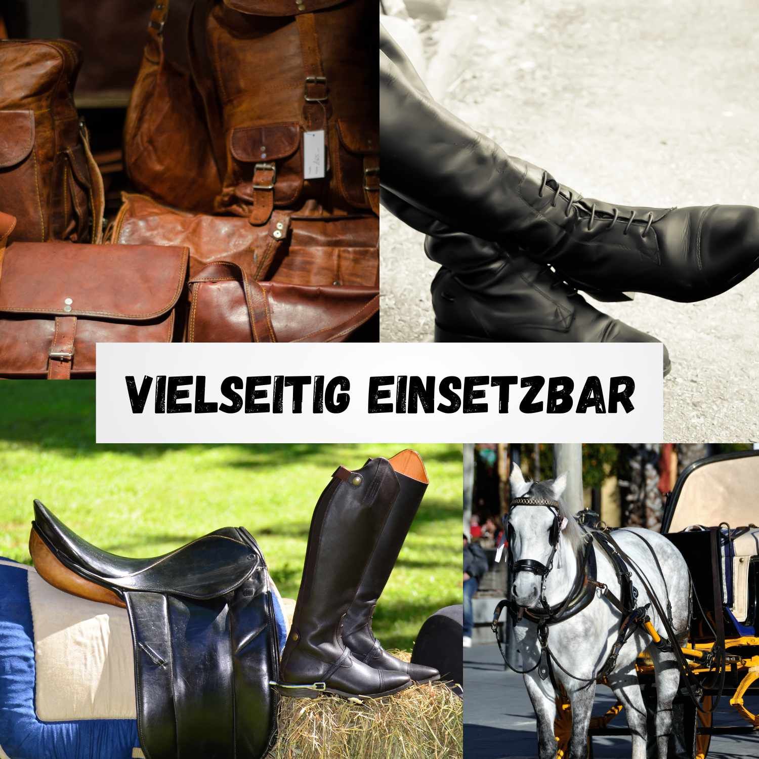 Vier Bilder zeigen Lederwaren, Stiefel, Sattel und ein Pferd mit Kutsche. Text: VIELSEITIG EINSETZBAR.