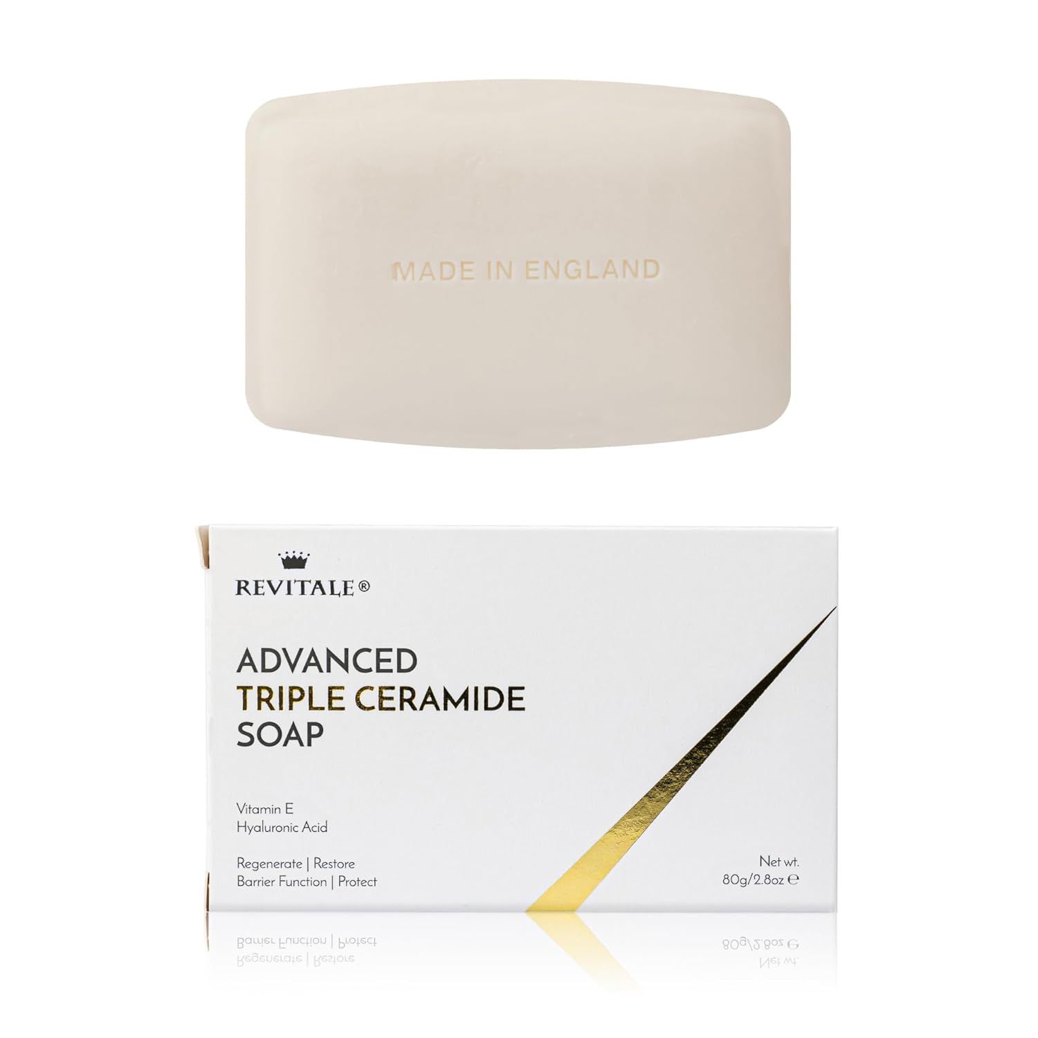 Seife, rechteckig, cremefarben. Verpackung mit Produktnamen und Logo. Text: Advanced Triple Ceramide Soap, Vitamin E, Hyaluronsäure.