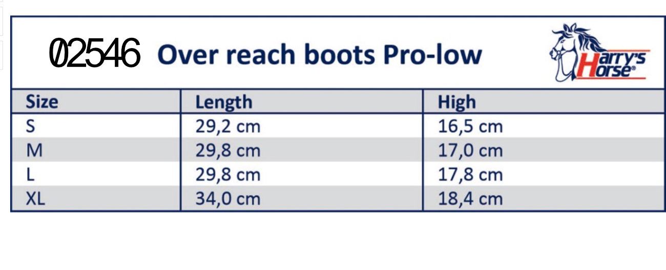 Tabelle mit Größenangaben für Overreach Boots Pro-low. Größen S, M, L, XL. Längen- und Höhenangaben in cm. Harry's Horse Logo.