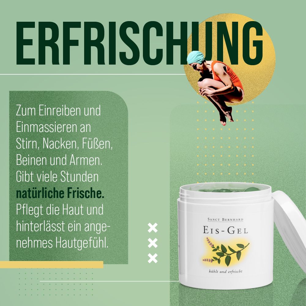 Weißes Tiegel mit Eis-Gel, geöffnet. Text: Sanct Bernhard Eis-Gel. Hintergrund: Person im Wasser, grüne und gelbe Elemente.