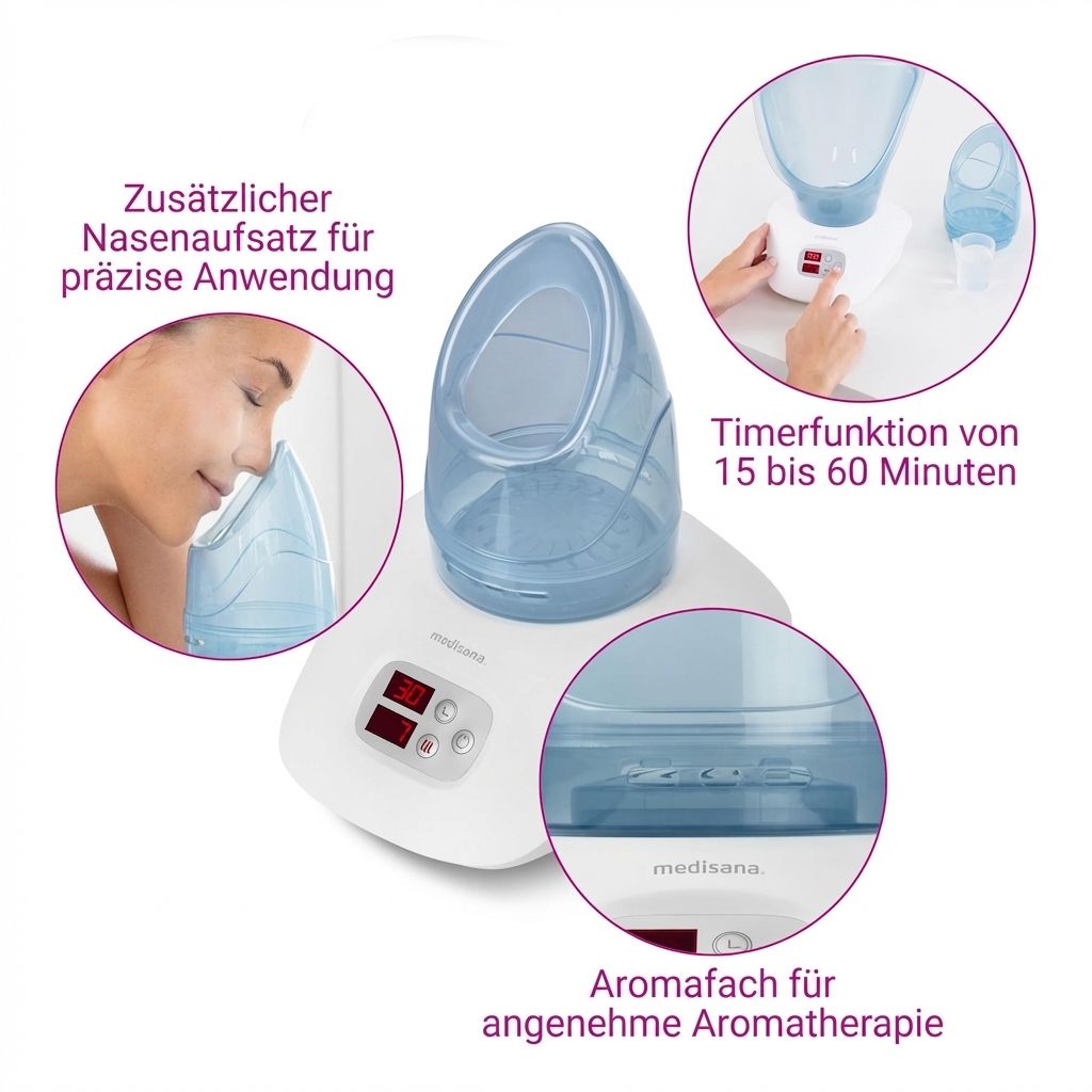 Gesichtssauna mit Nasenaufsatz, Timer-Funktion (15-60 Min.) und Aromafach.