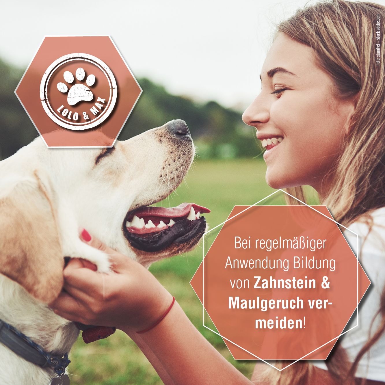 Frau und Hund. Logo Lolo & Max. Text: Bei regelmäßiger Anwendung Bildung von Zahnstein & Maulgeruch vermeiden!
