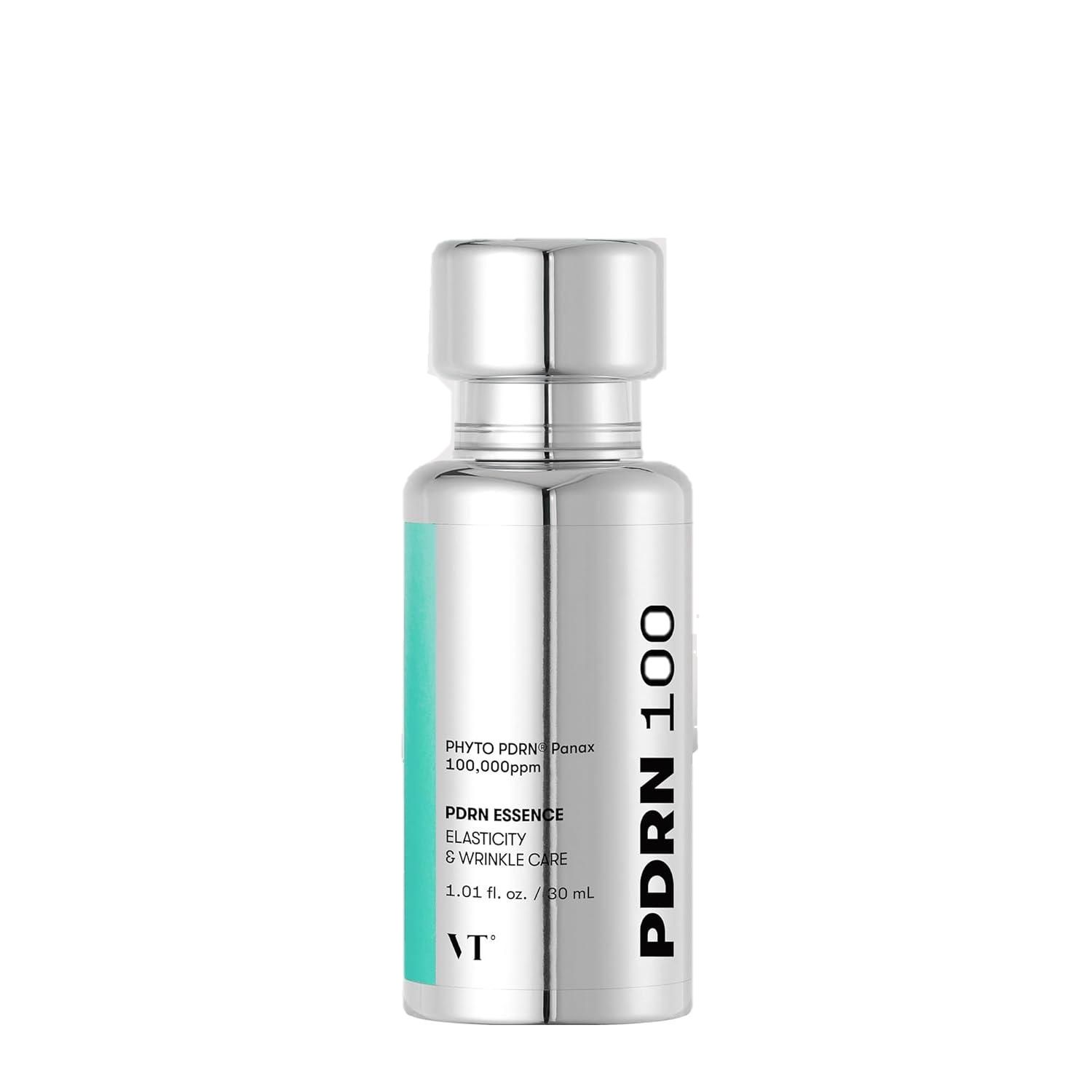 Silberne Flasche mit türkisfarbenem Etikett. Text: PHYTO PDRN, PDRN Essence, Elastizität & Wrinkle Care, VT. PDRN 100.