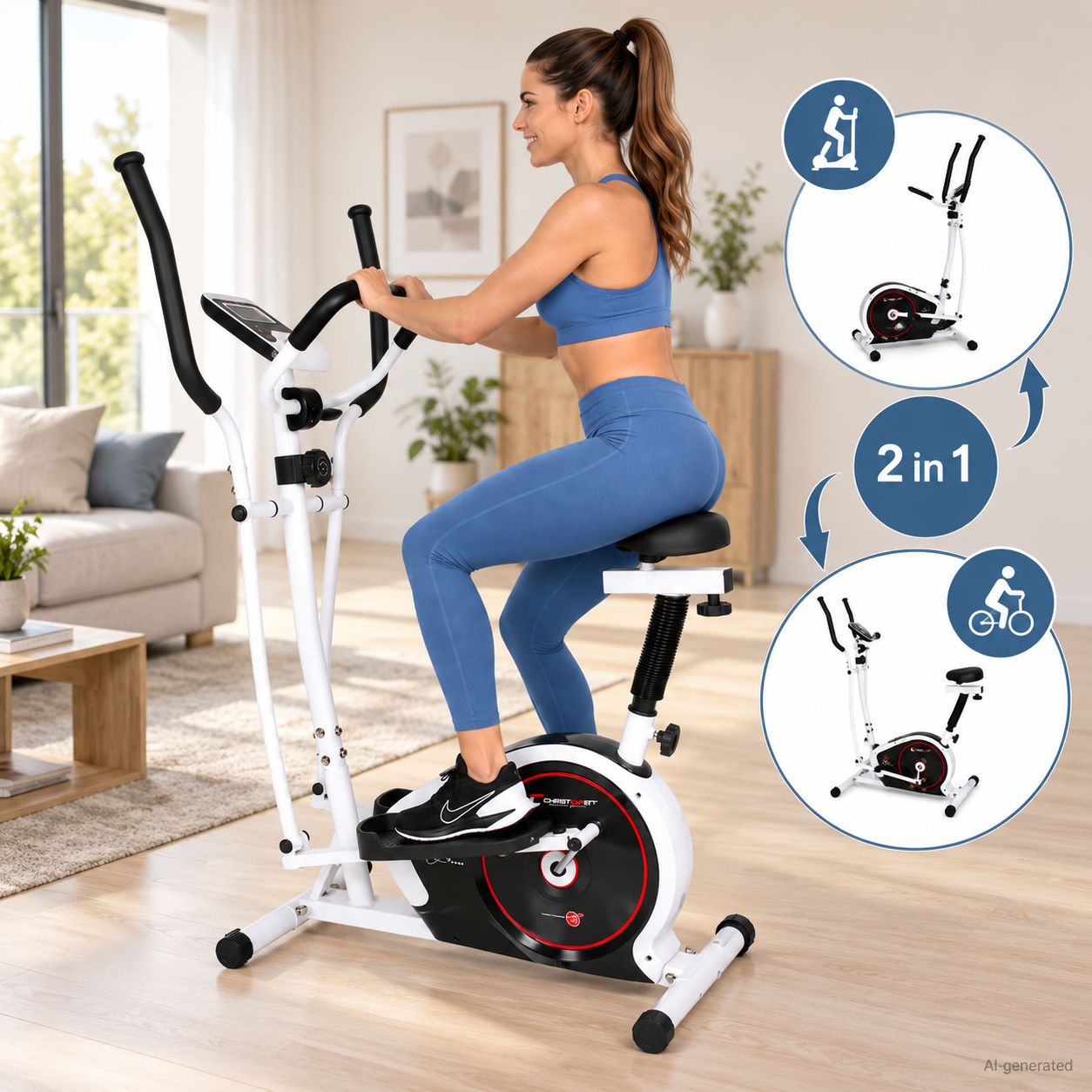 Frau auf weißem Crosstrainer mit Sitz, 2-in-1-Funktion.