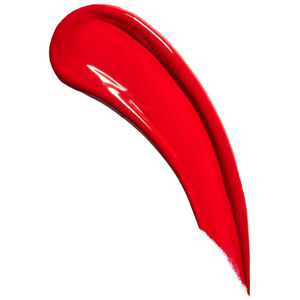 Roter Lippenstift-Abstrich auf weißem Hintergrund. Der Abstrich ist glänzend und hat eine geschwungene Form.