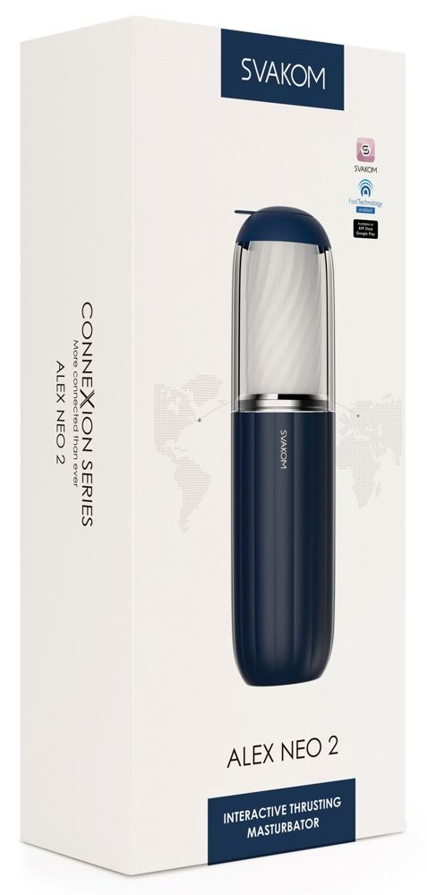 Produktverpackung mit Gerät. SVAKOM-Logo, ALEX NEO 2-Schriftzug und Connexion Series.