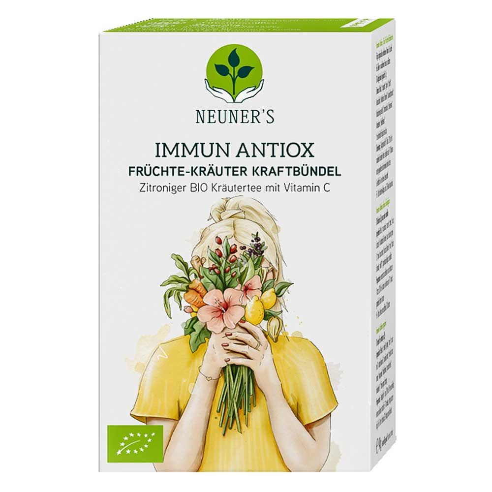 Verpackung von Neuner's Immun Antiox Tee. Aufdruck mit Logo, Produktname und Illustration einer Person mit Blumenstrauß.