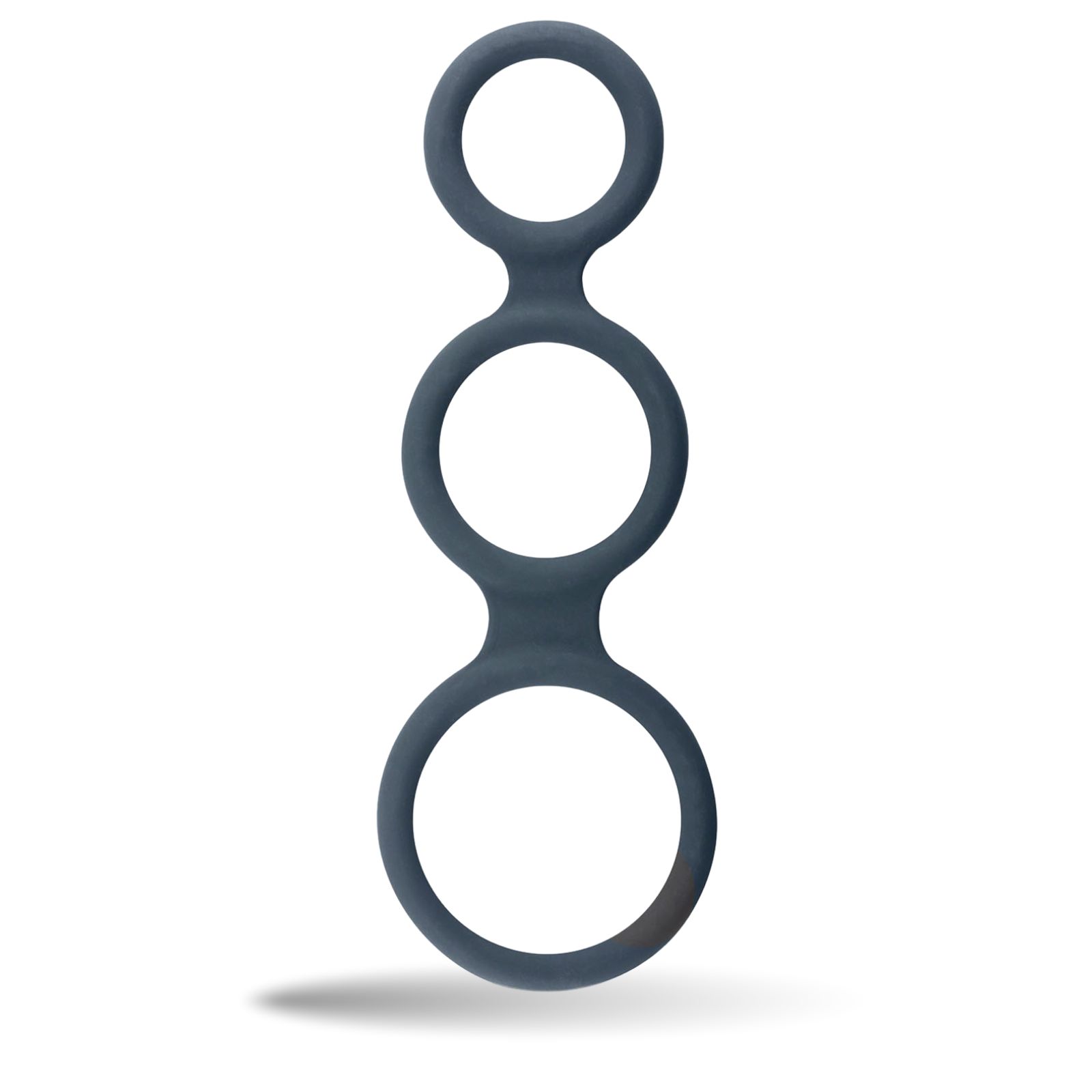 Dunkelgrauer Penisring mit drei Ringen aus Silikon. Die Ringe sind durch Stege verbunden.