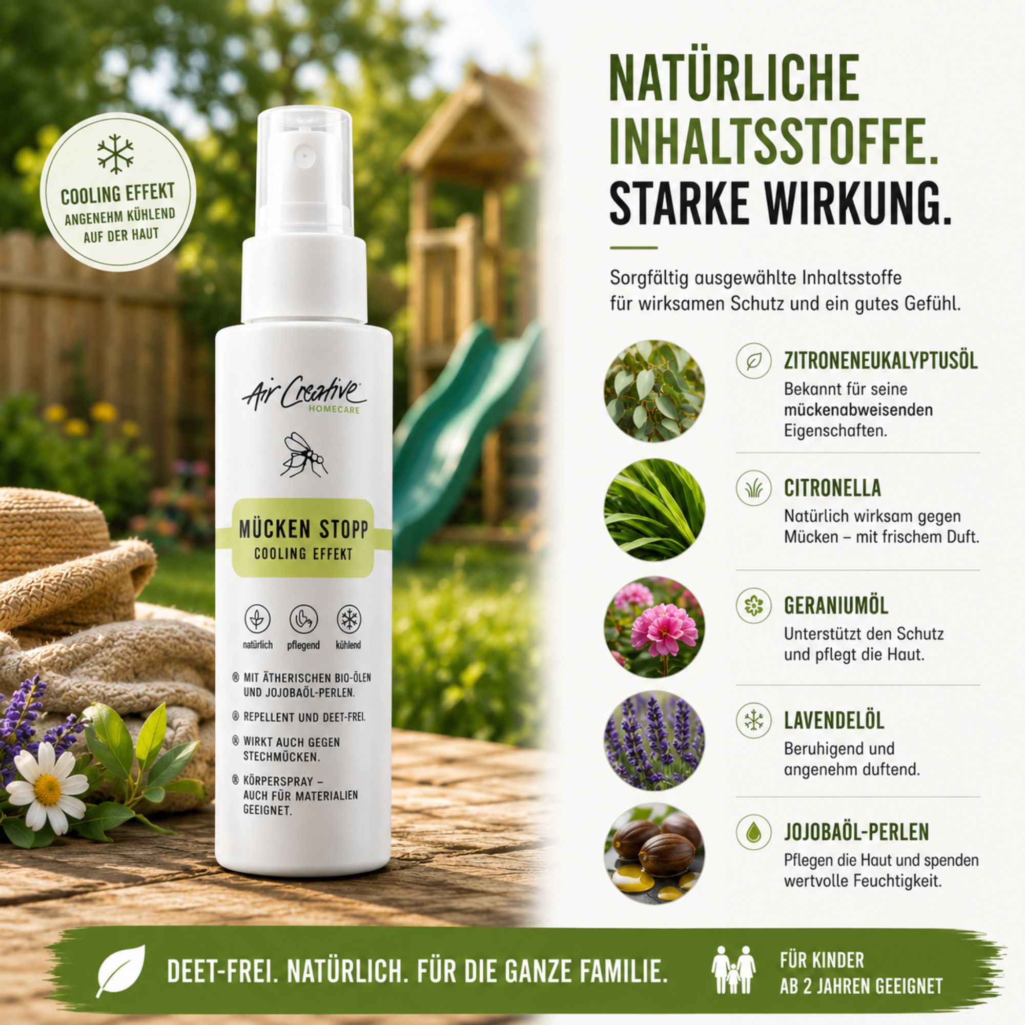 Weißes Spray mit Text: Mücken Stopp, DEET-frei. Inhaltsstoffe: Zitrone, Citronella, Geranium, Lavendel, Jojoba. Hintergrund: Garten.
